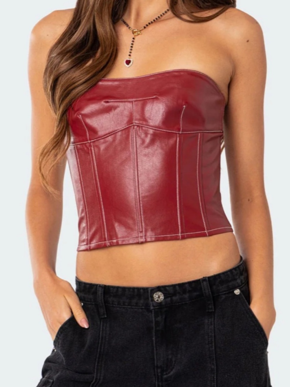Edikted Red Faux Leather Strapless Bustier Crop Top